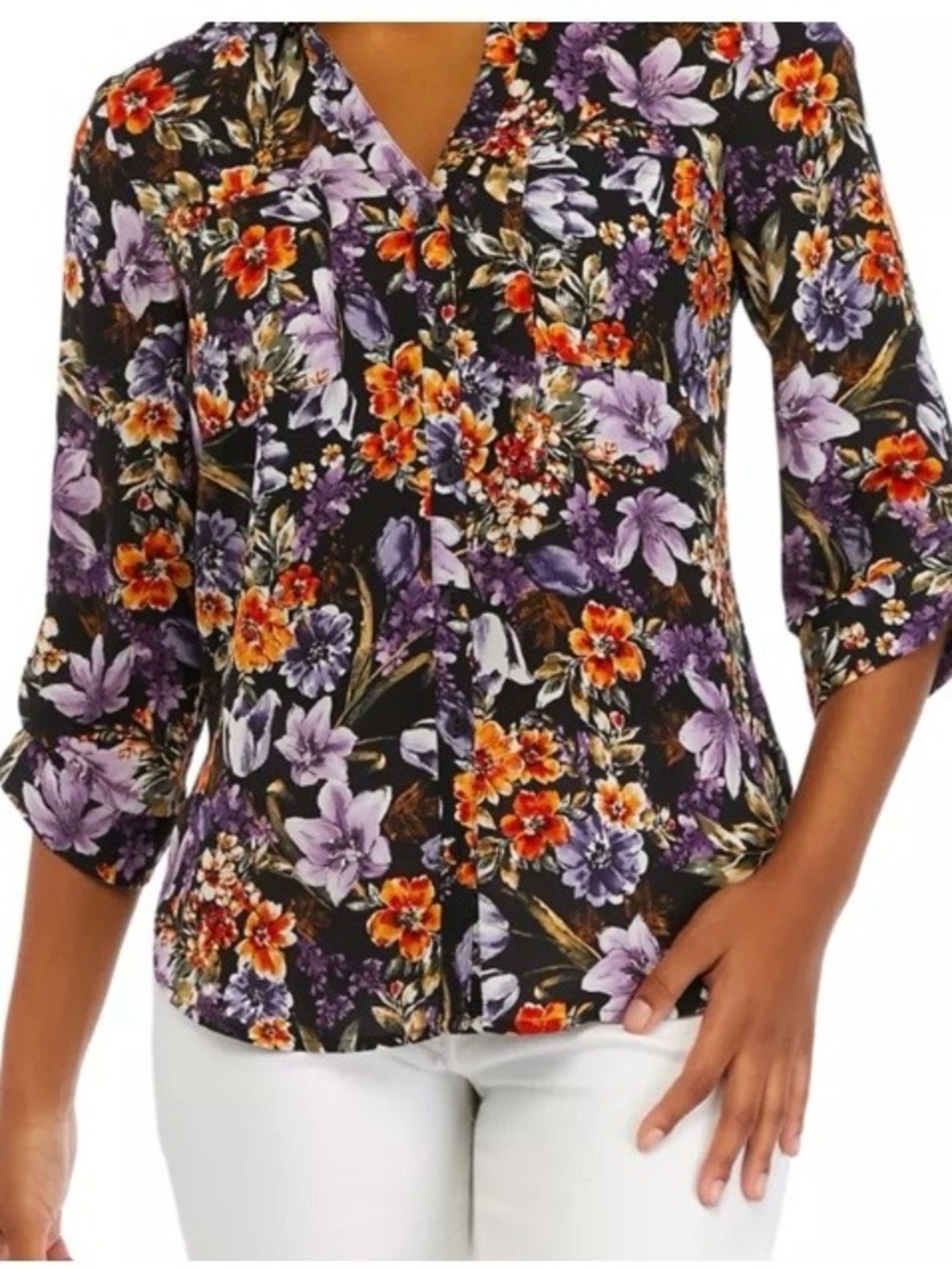 A. Byer Black Floral V-Neck Button Front Blouse with Purple & Orange Flowers